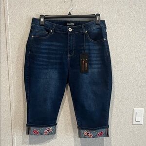 Sandiper Dark Blue Capri Jeans with Floral Embroidered Cuffs
